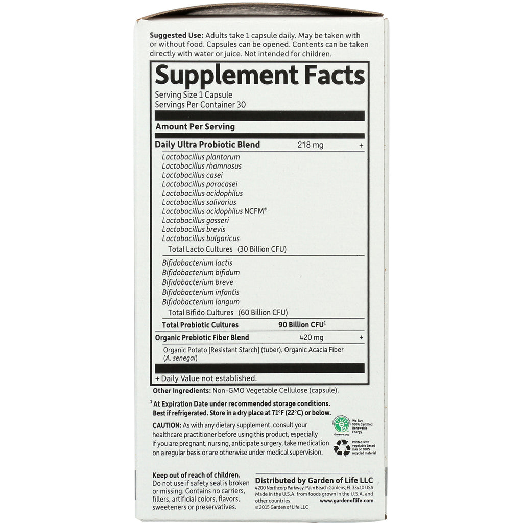 GLF205 | back panel with Supplement Facts listing probiotic blends, serving size 1 capsule, Total Probiotic Cultures 90 Billion CFU - Thumbnail