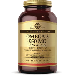 Solgar Triple Strength Omega 3 950 mg EPA & DHA 100 softgels dietary supplement bottle