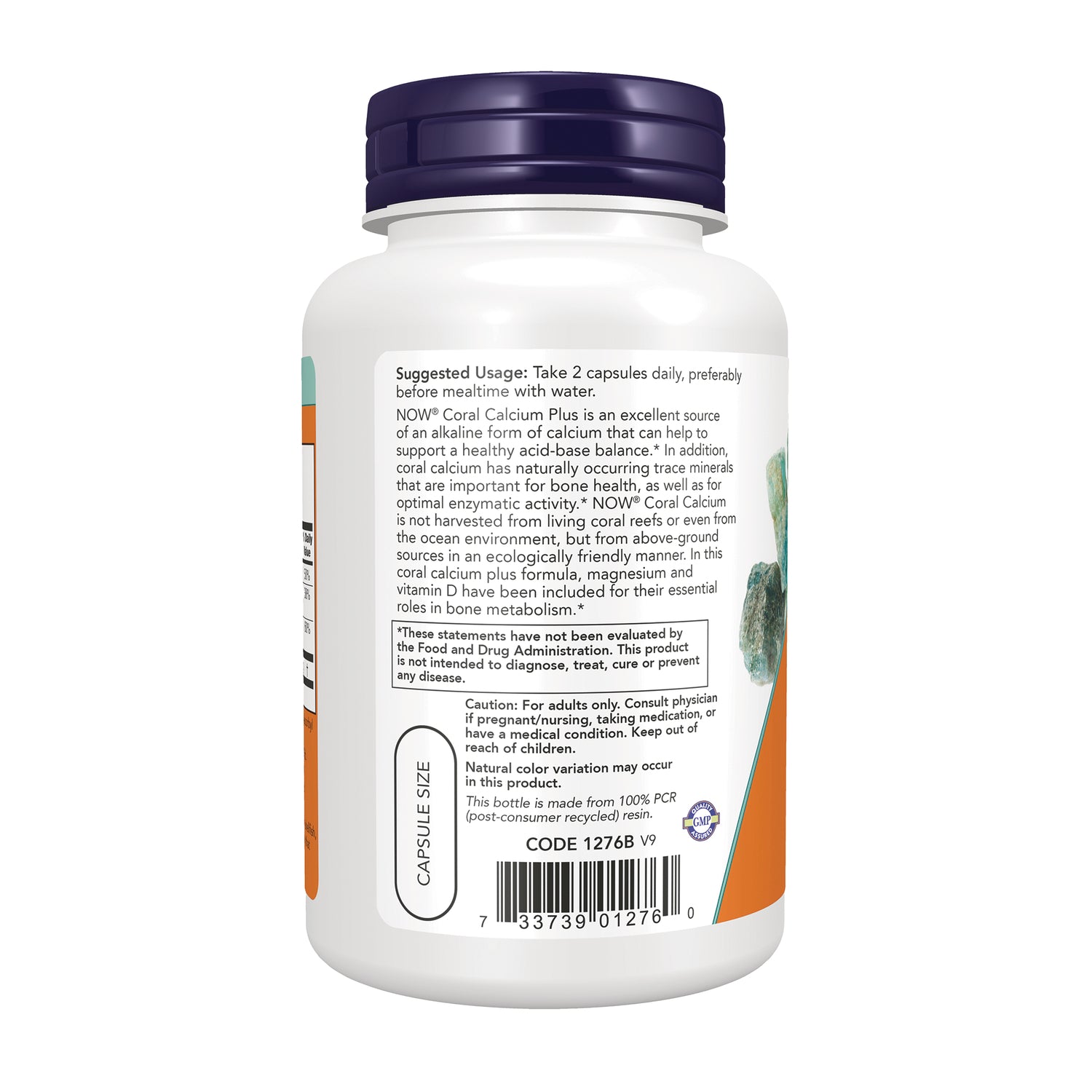 NWF872 | Back label of white supplement bottle showing suggested usage, warnings, capsule size and barcode
