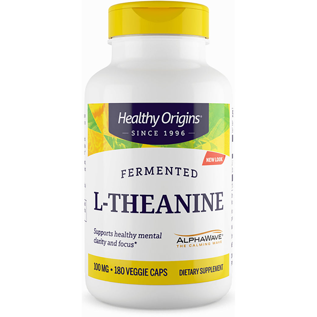 HRG179 | Healthy Origins fermented L-THEANINE supplement bottle with yellow cap, 100 mg, 180 veggie caps - Thumbnail