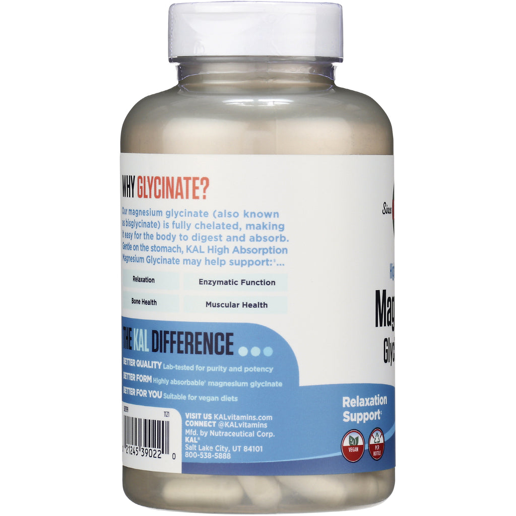 KL564 | Bottle back label showing magnesium glycinate benefits, KAL Difference infographic and barcode - Thumbnail