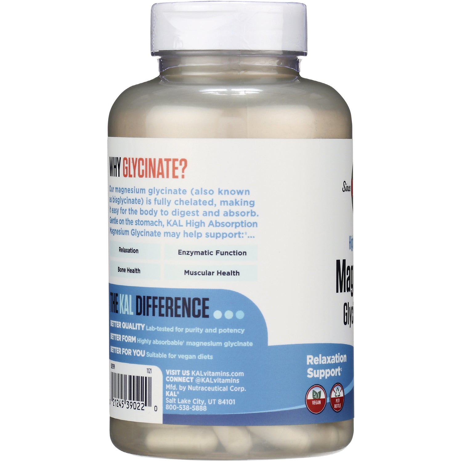KL564 | Bottle back label showing magnesium glycinate benefits, KAL Difference infographic and barcode