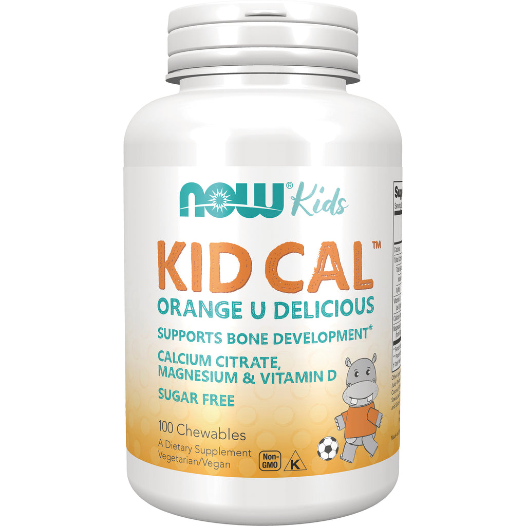 NWF890 | NOW Kids Kid Cal orange-flavored calcium chewables bottle labeled 100 chewables sugar free with hippo mascot - Thumbnail