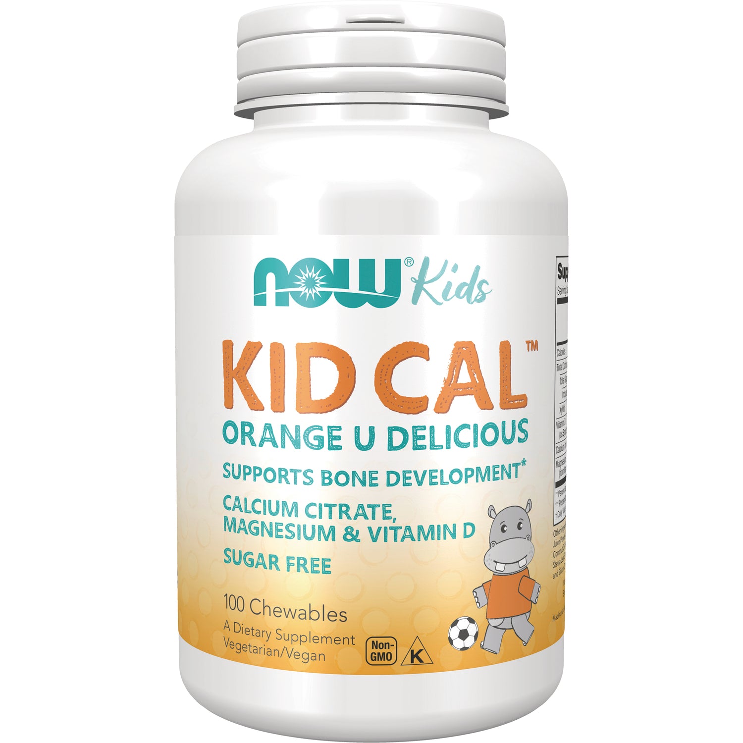 NWF890 | NOW Kids Kid Cal orange-flavored calcium chewables bottle labeled 100 chewables sugar free with hippo mascot