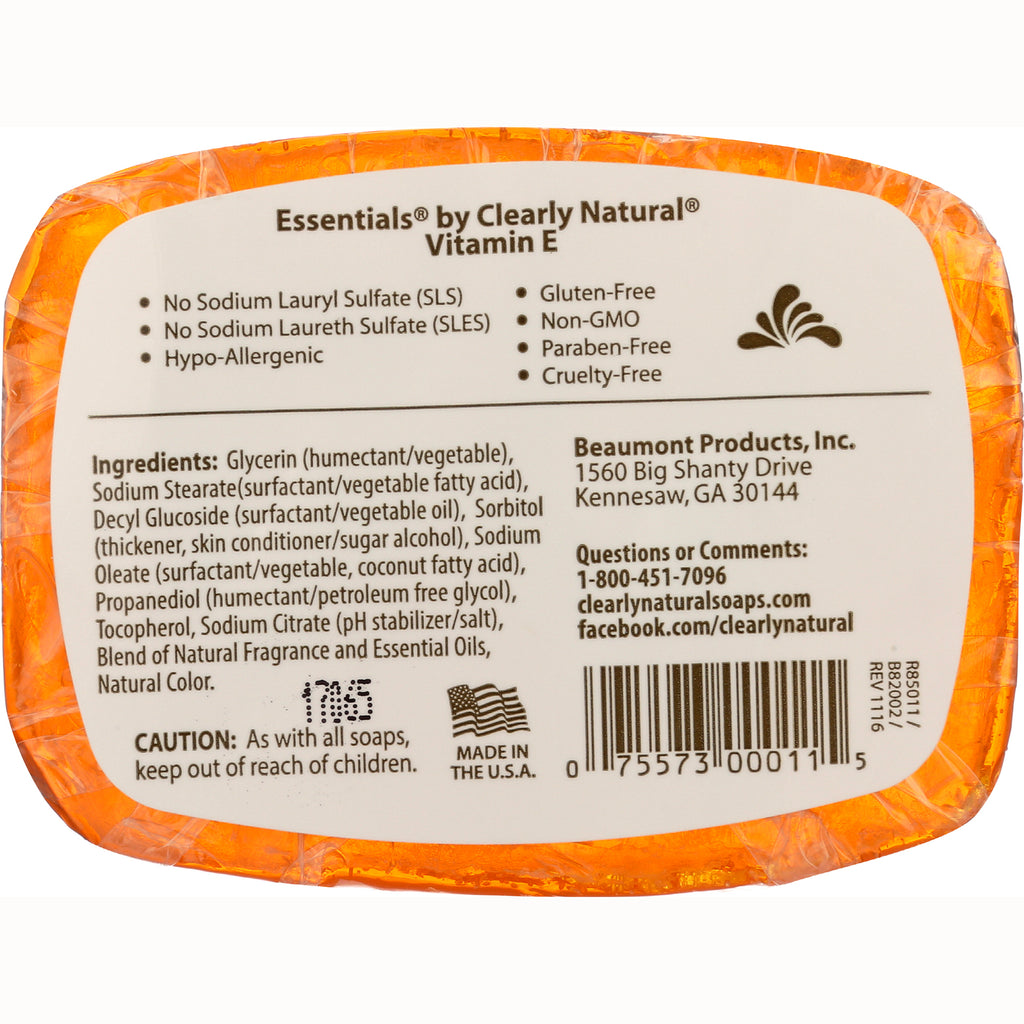 CLN010 | Back label showing Essentials by Clearly Natural Vitamin E ingredients, cautions, barcode and manufacturer info on orange-wrapped soap - Thumbnail
