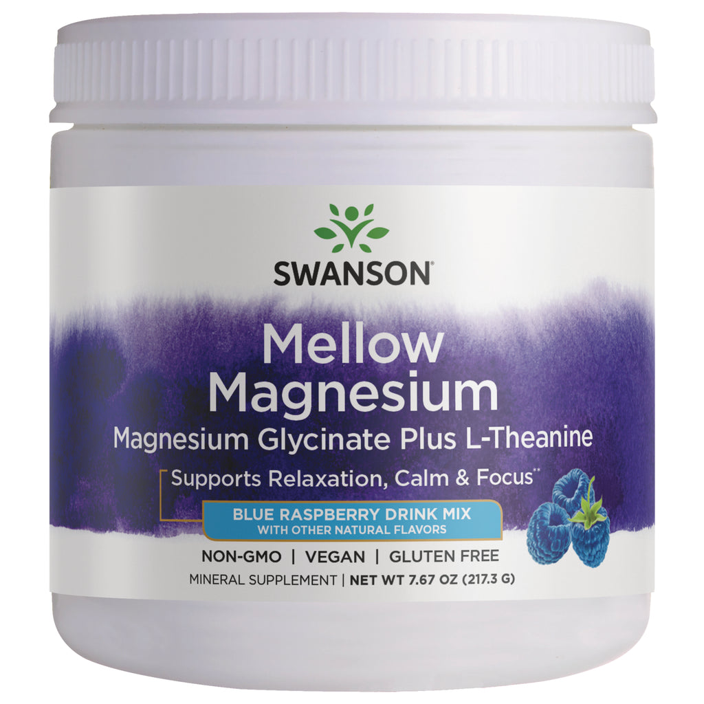 SW1988 | Swanson Mellow Magnesium blue raspberry drink mix label with non-GMO and vegan text - Thumbnail