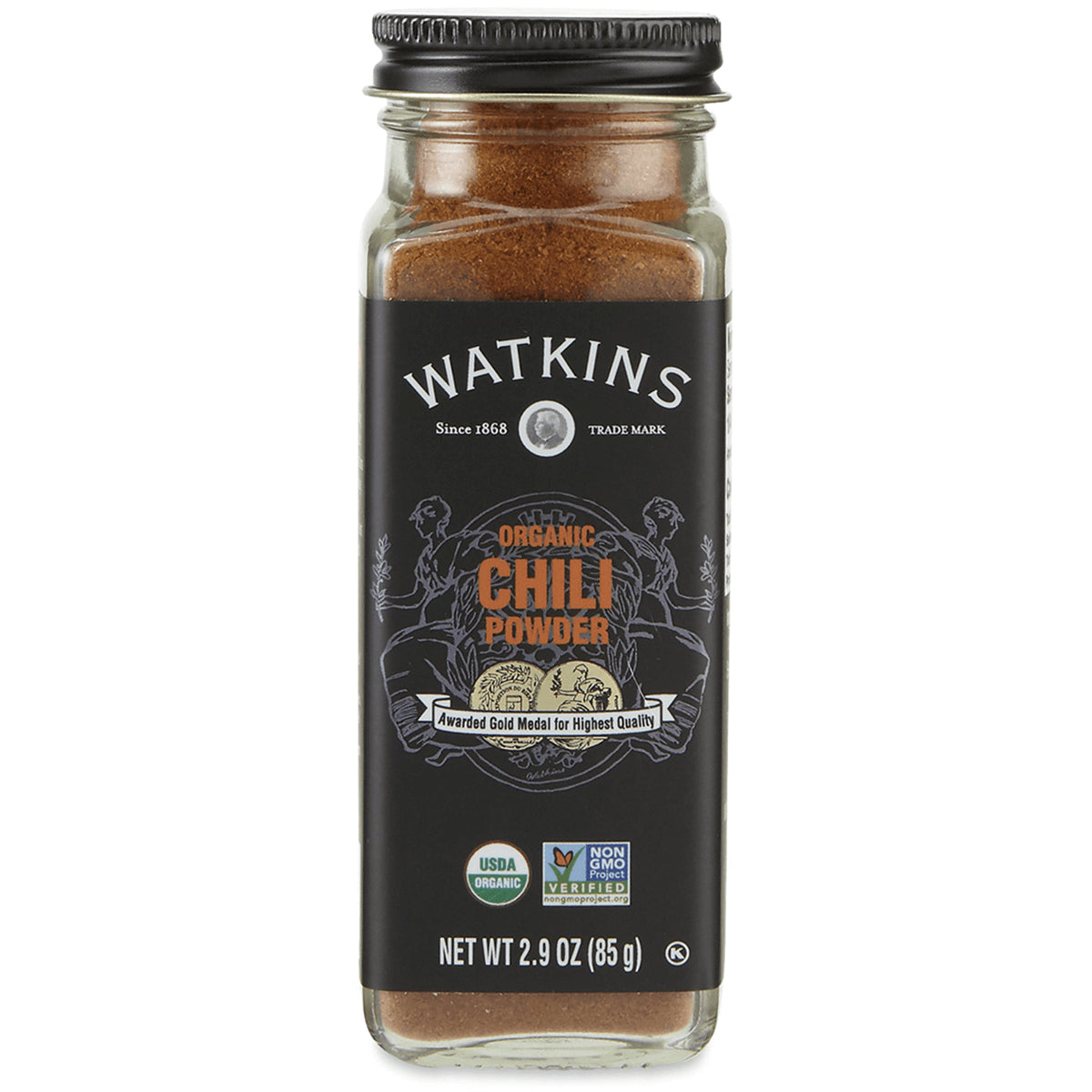 WTK004 | Watkins Organic Chili Powder, 2.9 oz glass jar front with USDA Organic and Non-GMO Project Verified badges