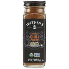 WTK004 | Watkins Organic Chili Powder, 2.9 oz glass jar front with USDA Organic and Non-GMO Project Verified badges