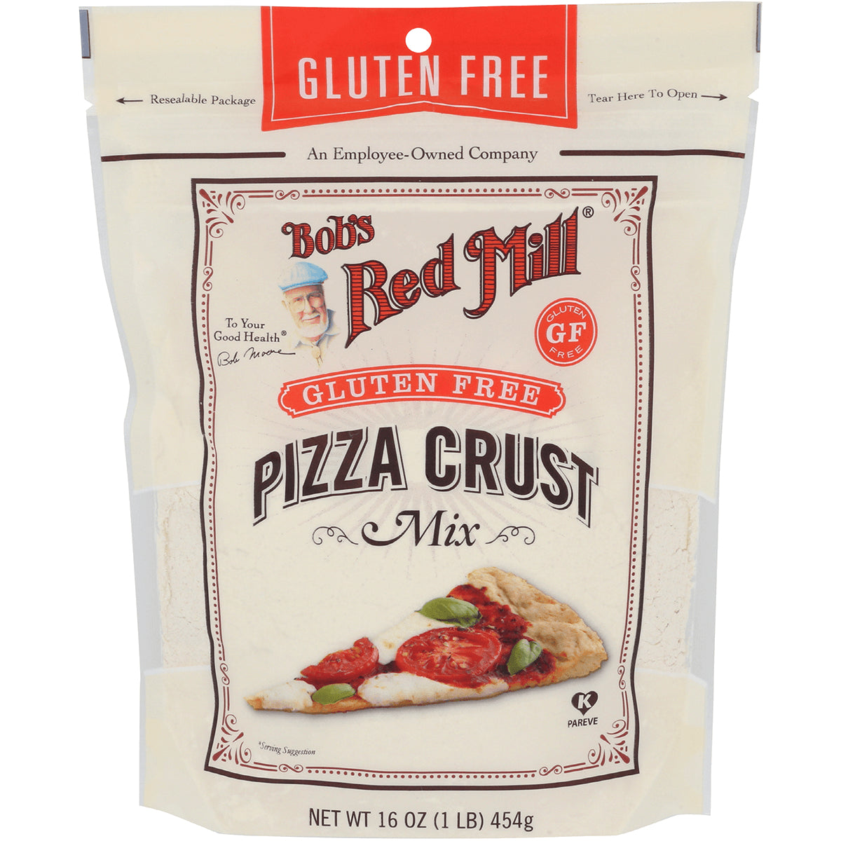 BOB444 | Bob's Red Mill gluten free pizza crust mix front pouch showing brand logo and pizza slice, net wt 16 oz