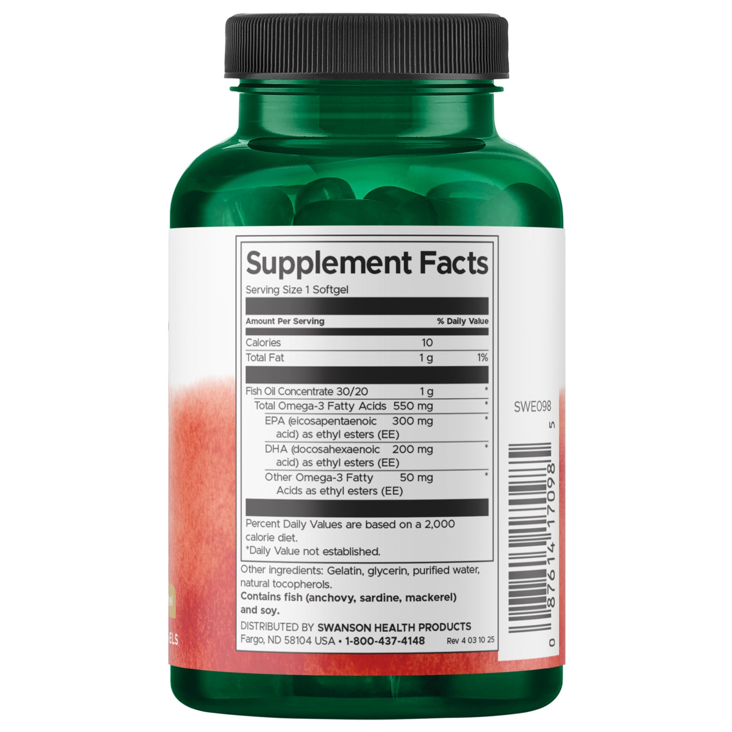 SWE098 | Back label showing Supplement Facts, serving size 1 softgel, and omega-3 fish oil amounts