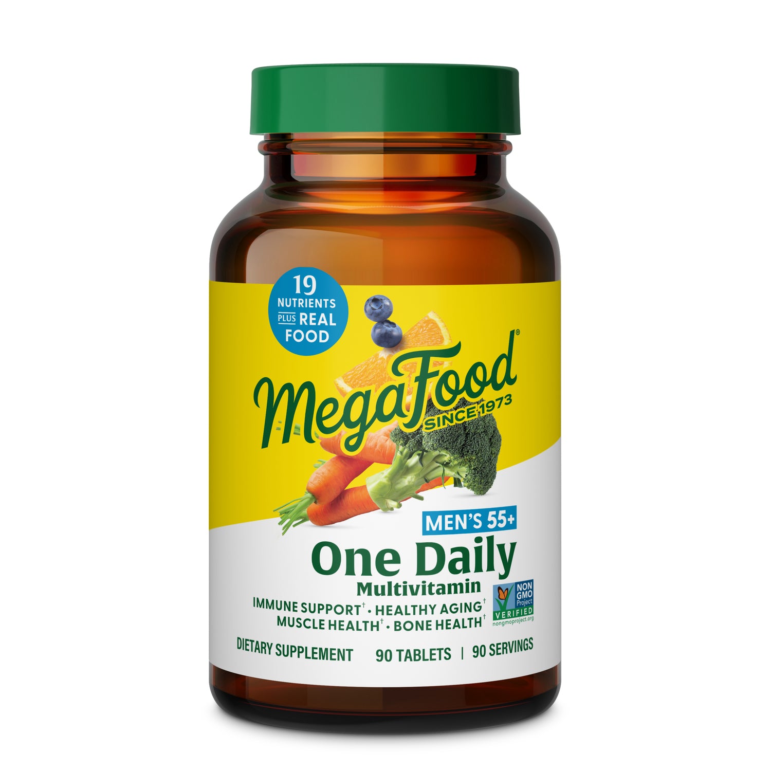 MGF128 | MegaFood One Daily multivitamin Men's 55+ bottle with yellow label, 90 tablets