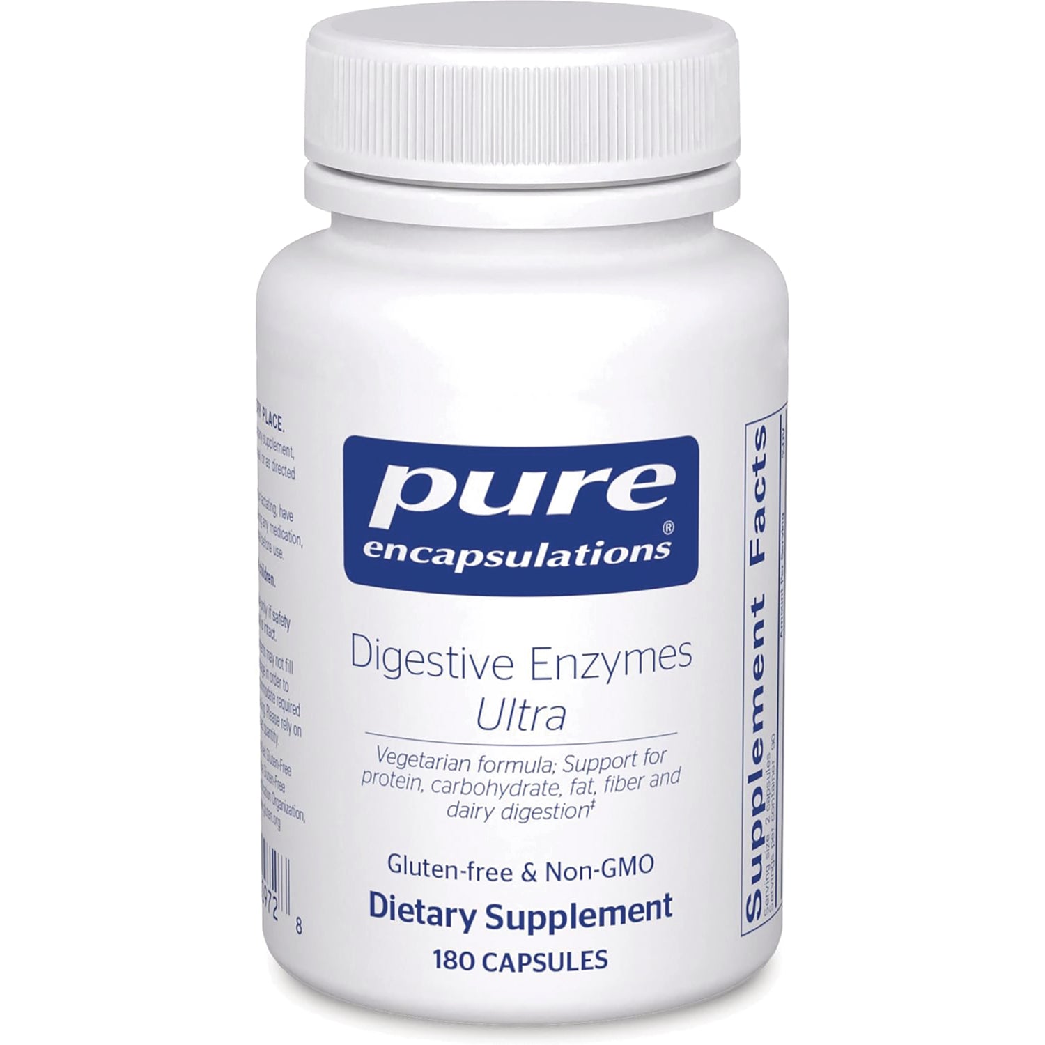 PRN007 | White bottle of Pure Encapsulations Digestive Enzymes Ultra dietary supplement, 180 capsules, gluten-free & non-GMO