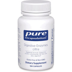 PRN007 | White bottle of Pure Encapsulations Digestive Enzymes Ultra dietary supplement, 180 capsules, gluten-free & non-GMO