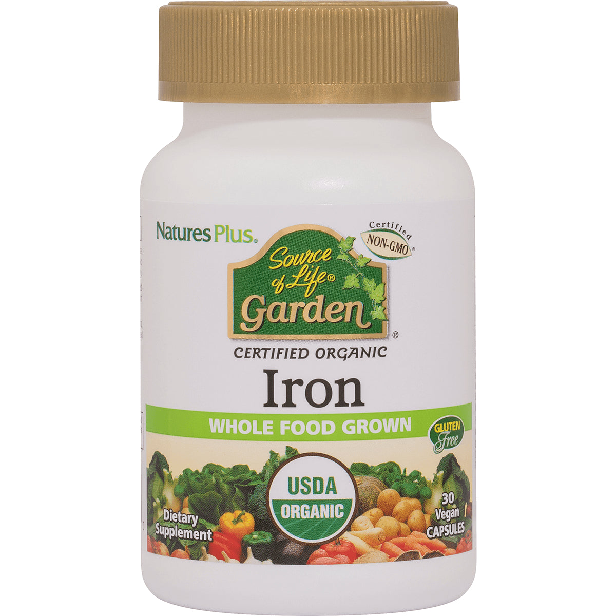 NTP327 | Bottle labeled Source of Life Garden Certified Organic Iron with USDA ORGANIC badge, 30 vegan capsules