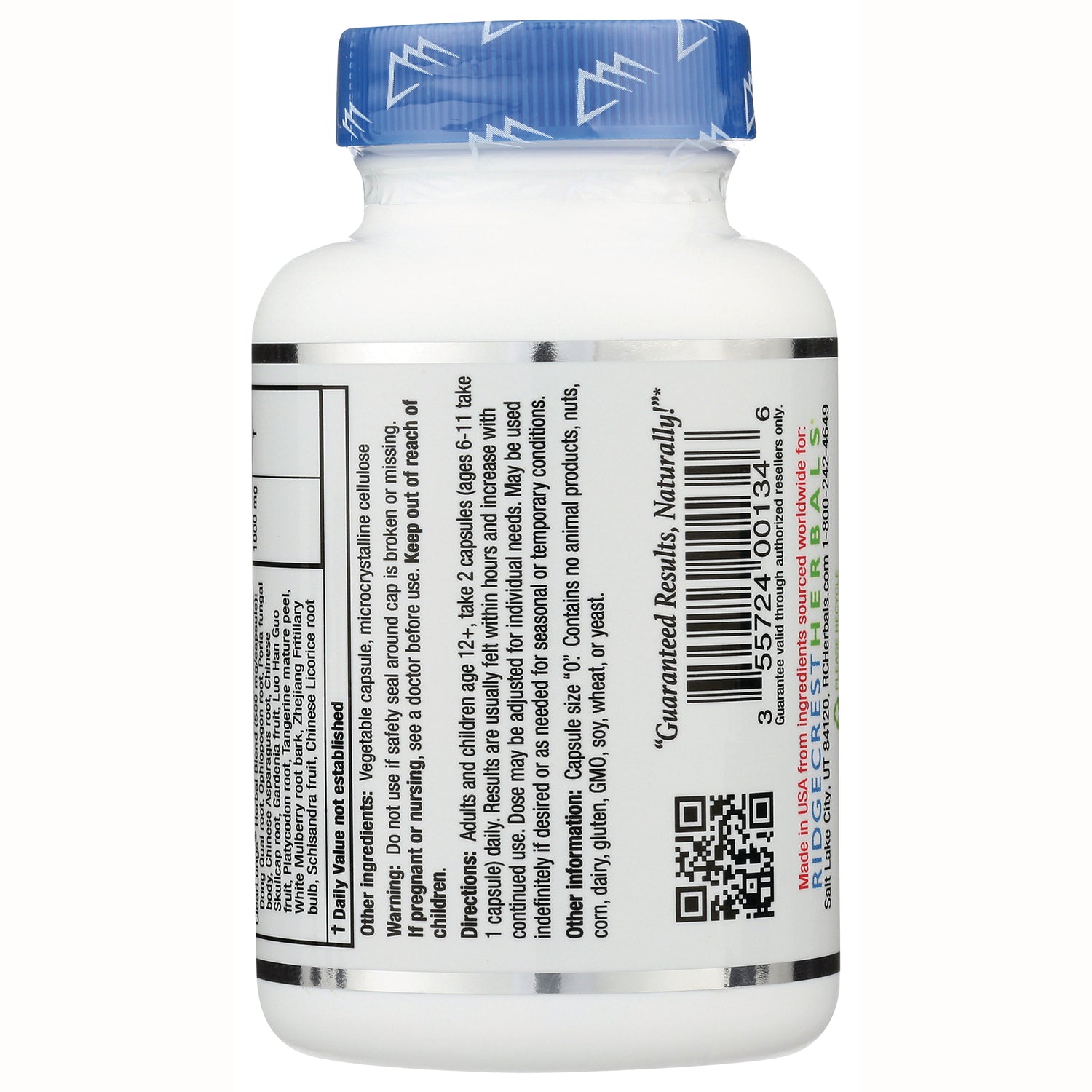 PH055 | back of white supplement bottle showing ingredients, directions, barcode and QR code