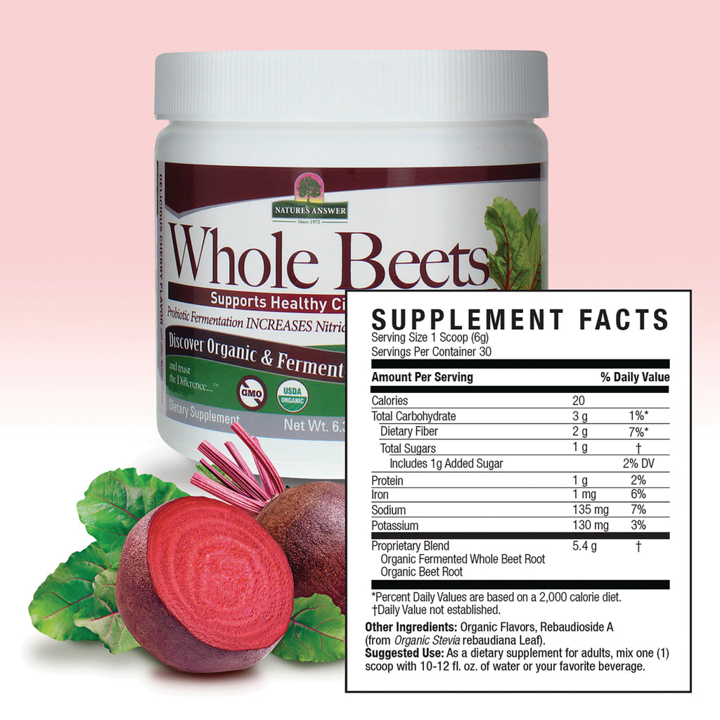 NAT420 | Supplement Facts panel beside Whole Beets jar with sliced beets in the foreground - Thumbnail
