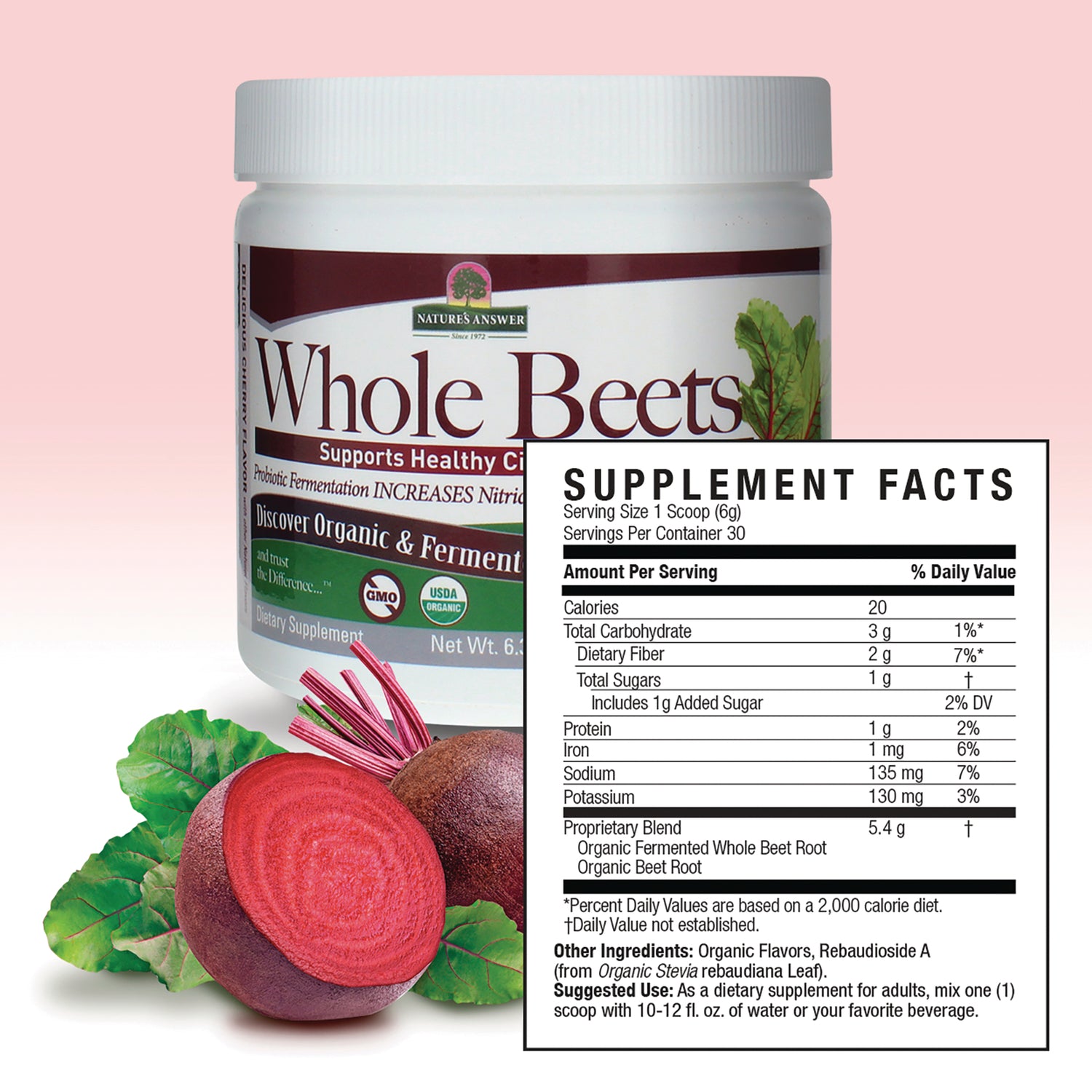 NAT420 | Supplement Facts panel beside Whole Beets jar with sliced beets in the foreground