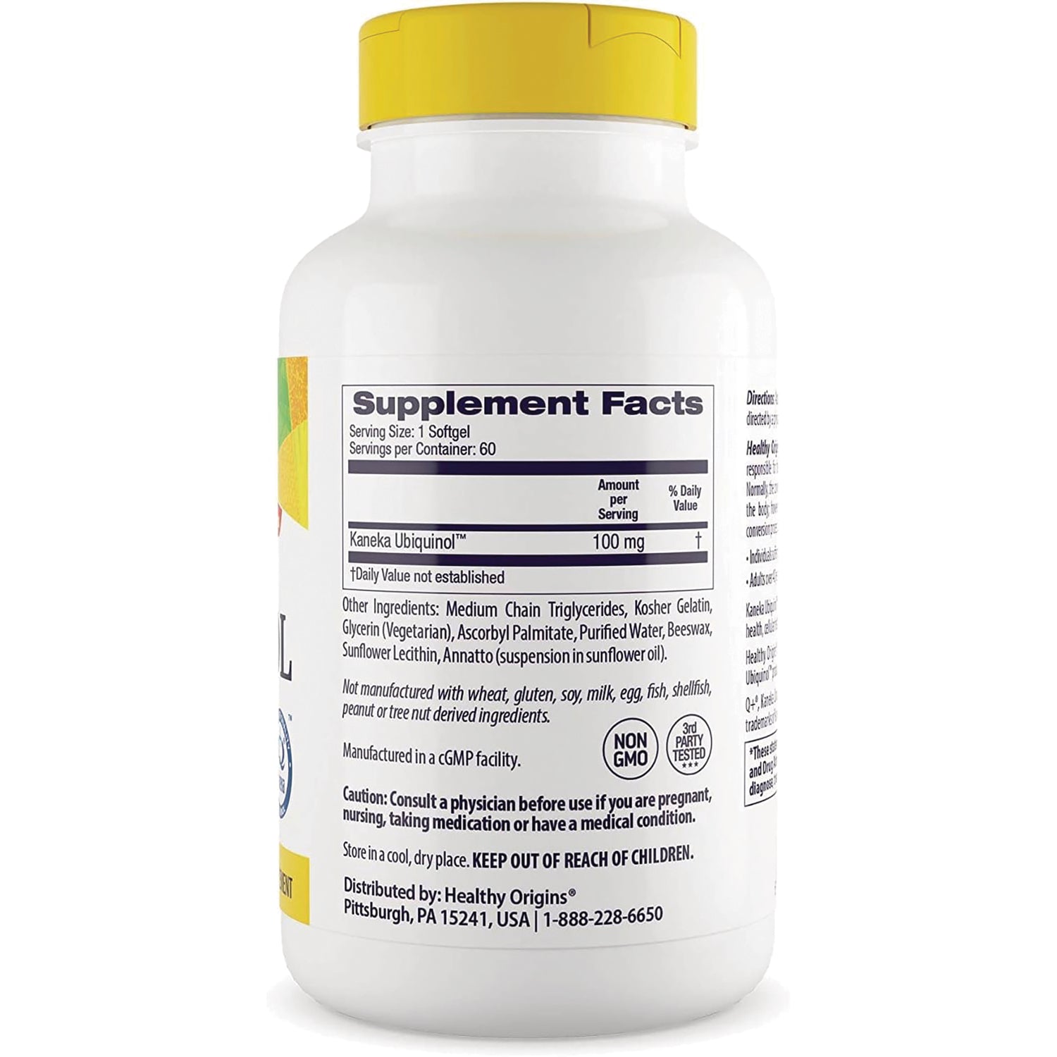 HRG007 | Back label showing Supplement Facts panel listing Kaneka Ubiquinol 100 mg, ingredients, and warnings