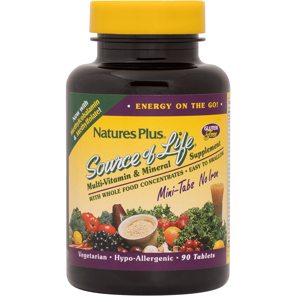 NTP031 | Front view of Nature's Plus Source of Life multivitamin and mineral bottle with yellow label, 90 vegetarian tablets