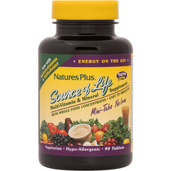NTP031 | Front view of Nature's Plus Source of Life multivitamin and mineral bottle with yellow label, 90 vegetarian tablets