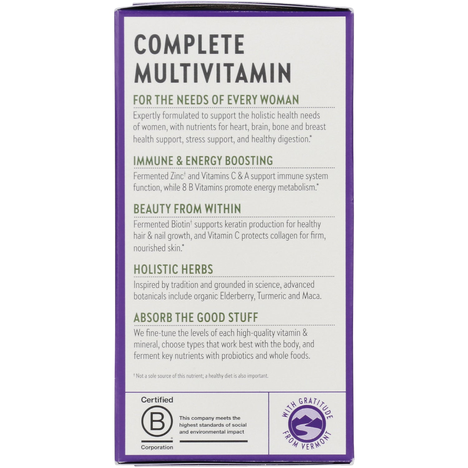 NWC241 | Product infographic back panel for Complete Multivitamin listing immune, energy, beauty, herbs and absorption benefits