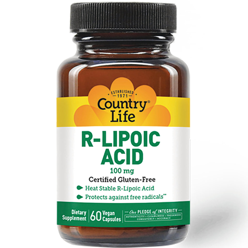 CRL293 | Country Life R-Lipoic Acid 100 mg supplement bottle with white label and 60 vegan capsules - Thumbnail