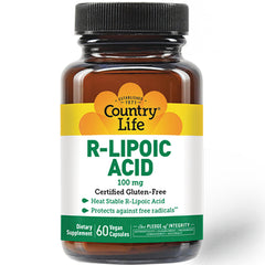 CRL293 | Country Life R-Lipoic Acid 100 mg supplement bottle with white label and 60 vegan capsules