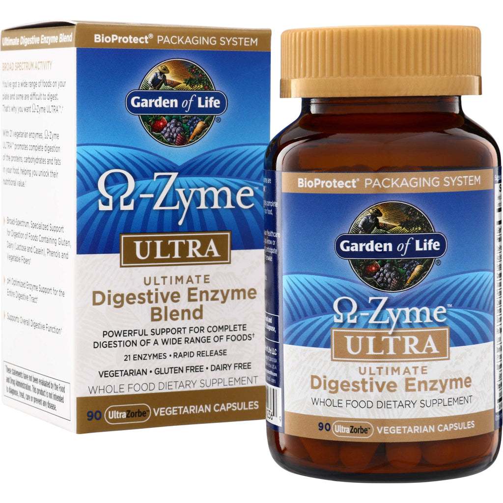 GLF020 | Garden of Life Omega-Zyme Ultra digestive enzyme blend, 90 vegetarian capsules, box and bottle - Thumbnail