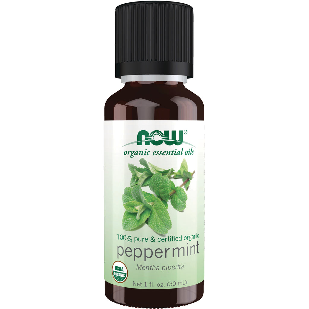 NWF626 | NOW organic essential oils peppermint 1 fl oz (30 mL) bottle labeled Mentha piperita - Thumbnail