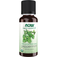 NWF626 | NOW organic essential oils peppermint 1 fl oz (30 mL) bottle labeled Mentha piperita