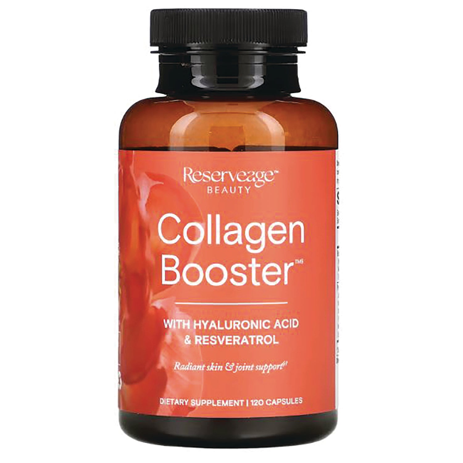RSA016 | amber supplement bottle labeled Collagen Booster with hyaluronic acid and resveratrol, 120 capsules