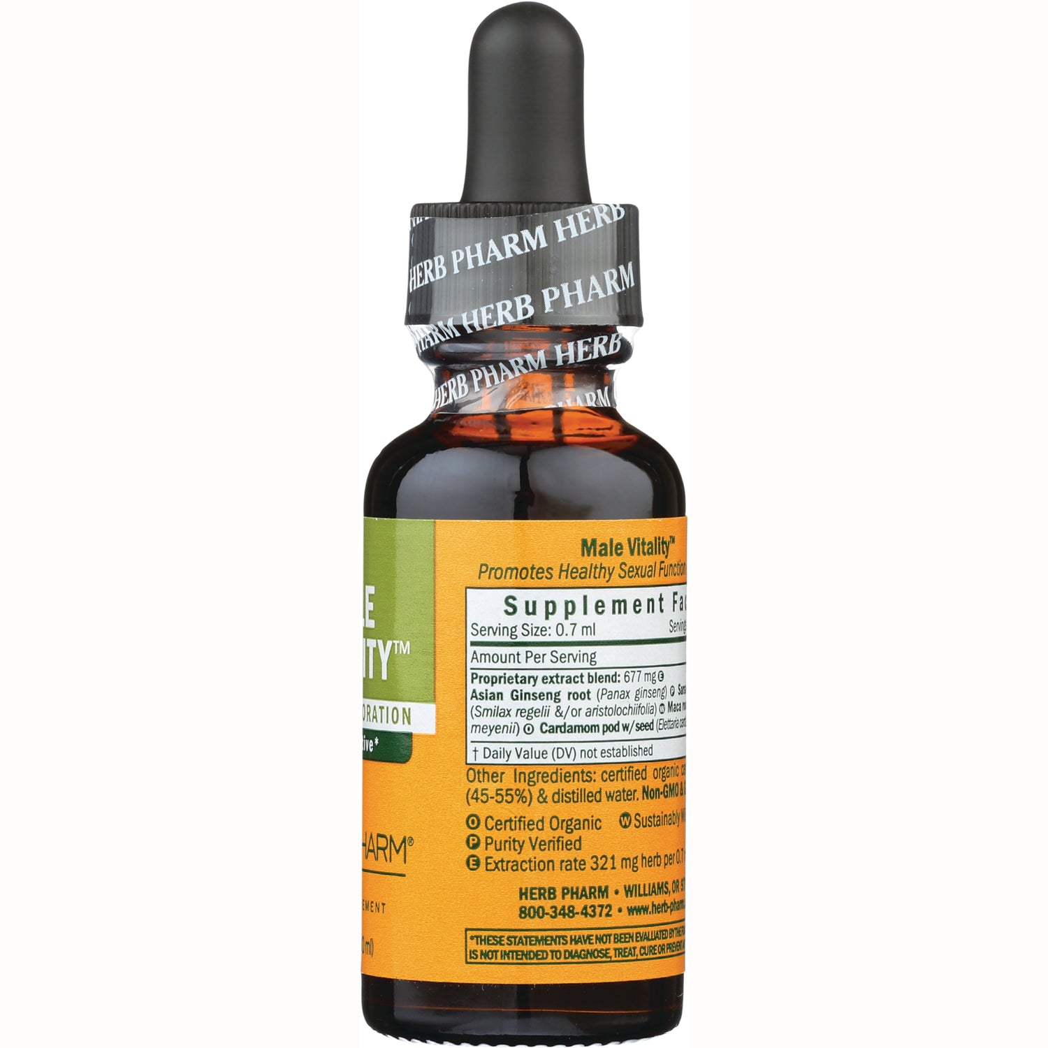 HPH040 | back of amber dropper bottle showing supplement facts panel and Male Vitality label