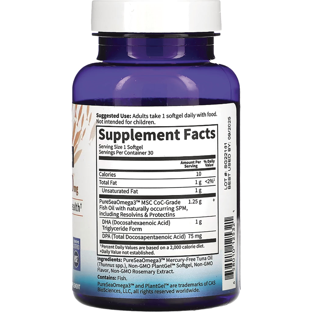 GLF323 | back of blue supplement bottle showing Supplement Facts panel and ingredients for omega-3 softgels - Thumbnail