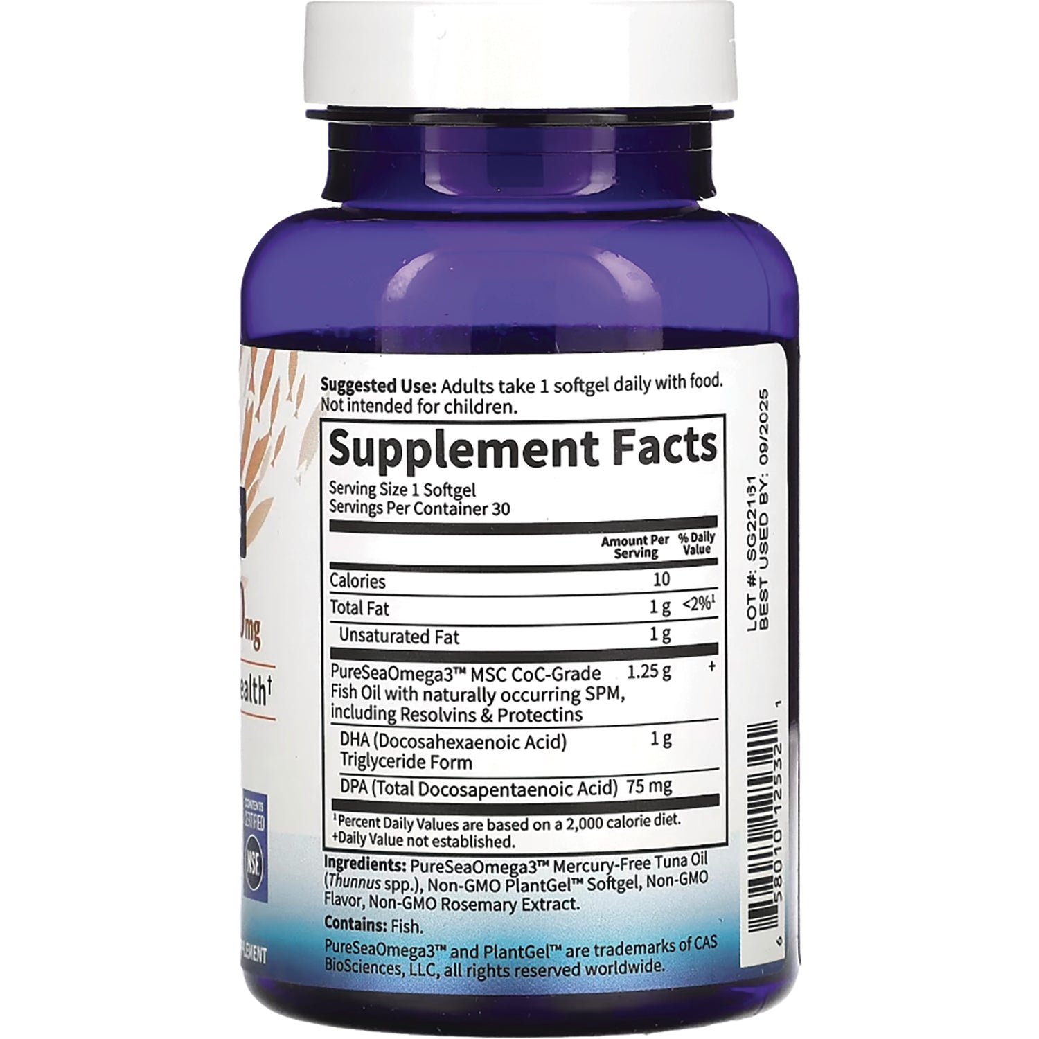 GLF323 | back of blue supplement bottle showing Supplement Facts panel and ingredients for omega-3 softgels