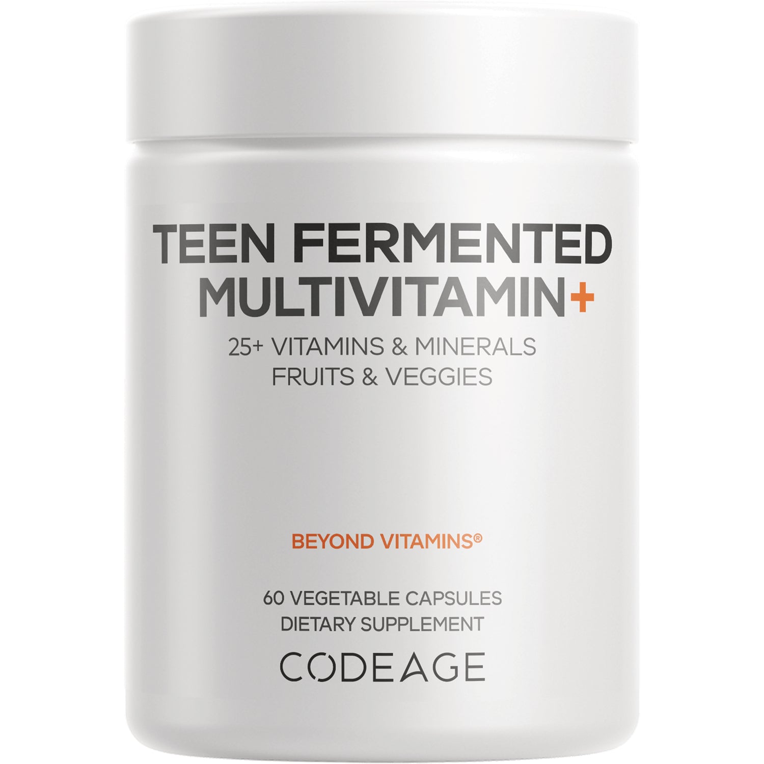 CDG025 | white supplement bottle labeled TEEN FERMENTED MULTIVITAMIN+ 60 vegetable capsules CODEAGE