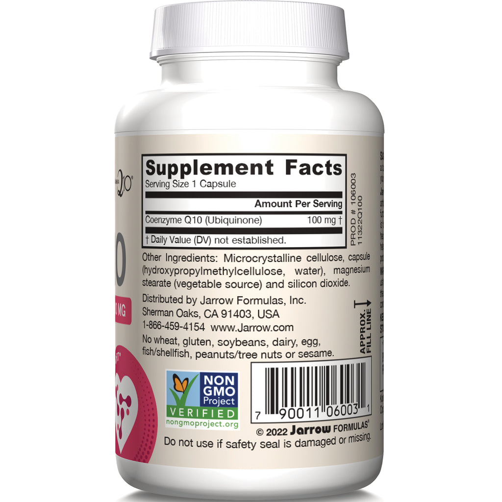 JR048 | Back of white supplement bottle showing Supplement Facts listing Coenzyme Q10 100 mg, ingredients, Non-GMO Verified label and barcode - Thumbnail