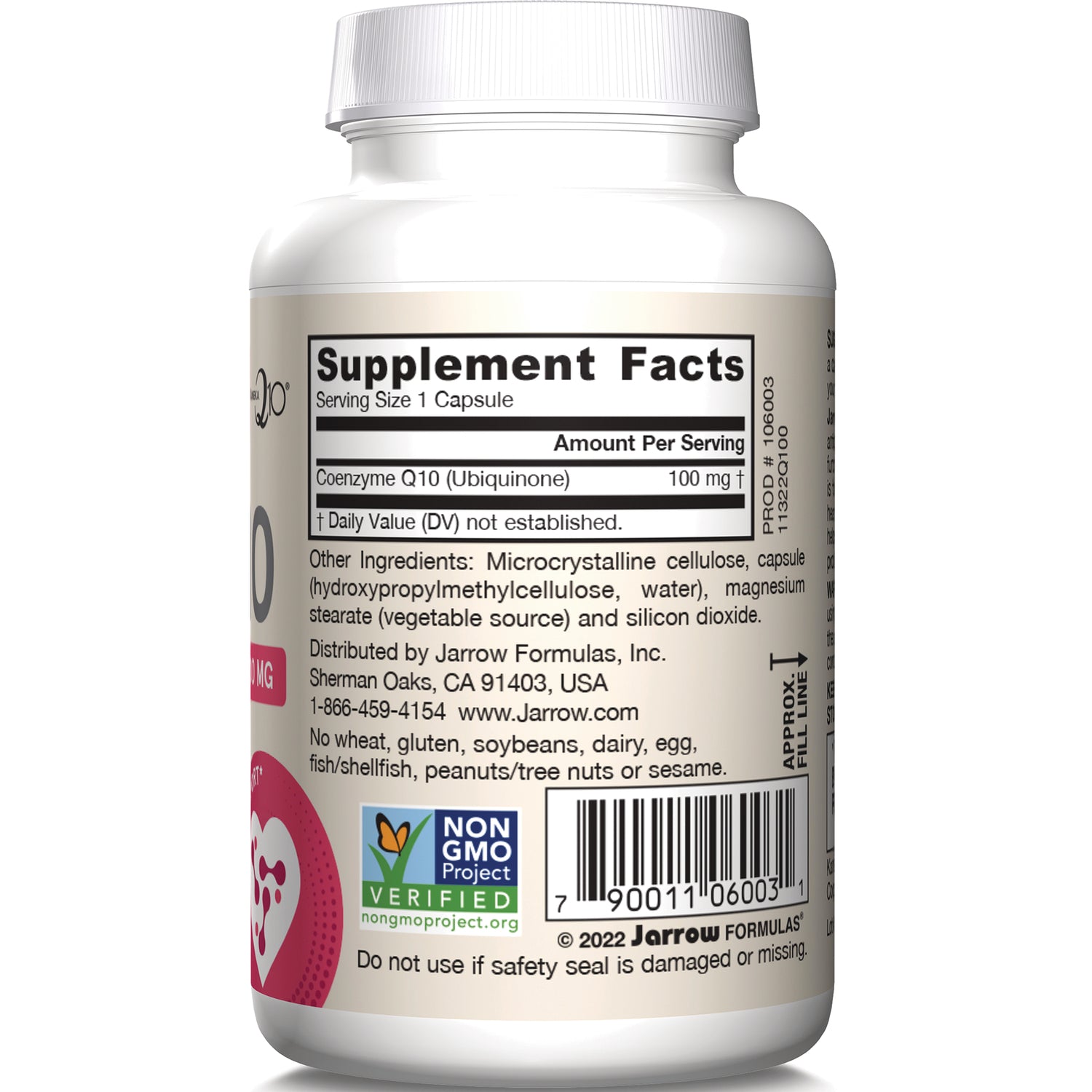 JR048 | Back of white supplement bottle showing Supplement Facts listing Coenzyme Q10 100 mg, ingredients, Non-GMO Verified label and barcode