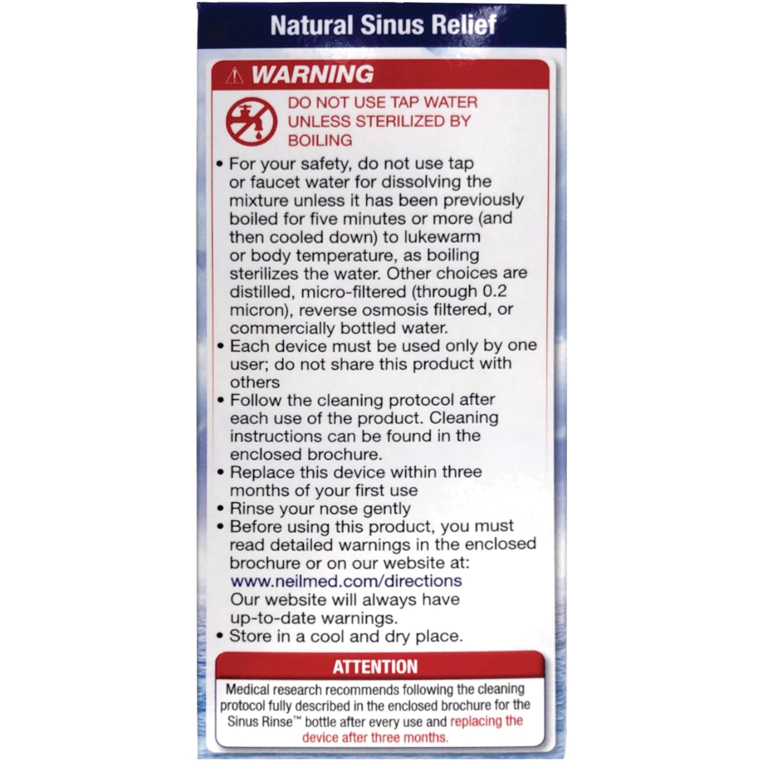 NMD006 | Back panel with warning and usage instructions including do not use tap water unless sterilized