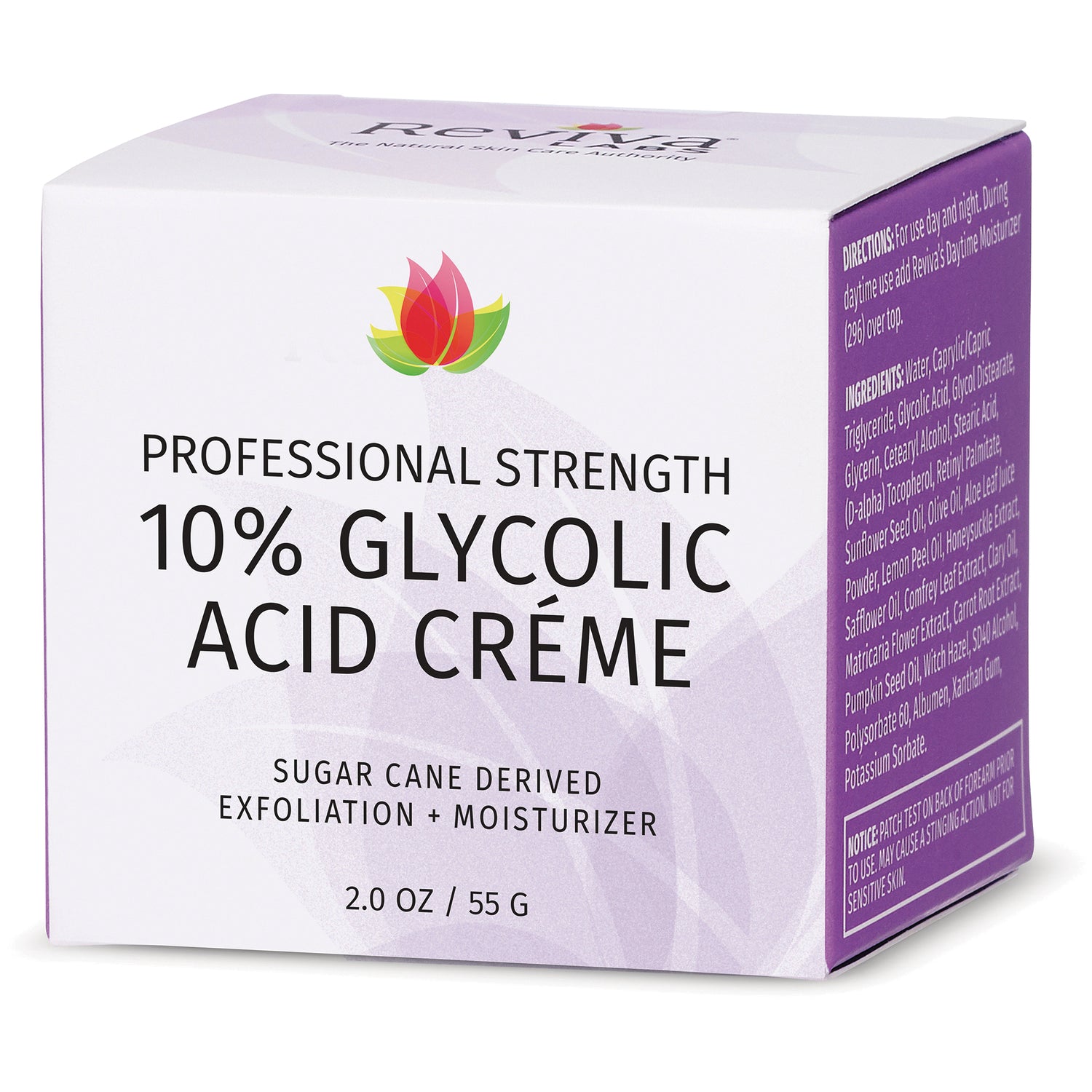 RV060 | Professional Strength 10% Glycolic Acid Crme box showing brand logo and ingredients panel, 2.0 oz / 55 g