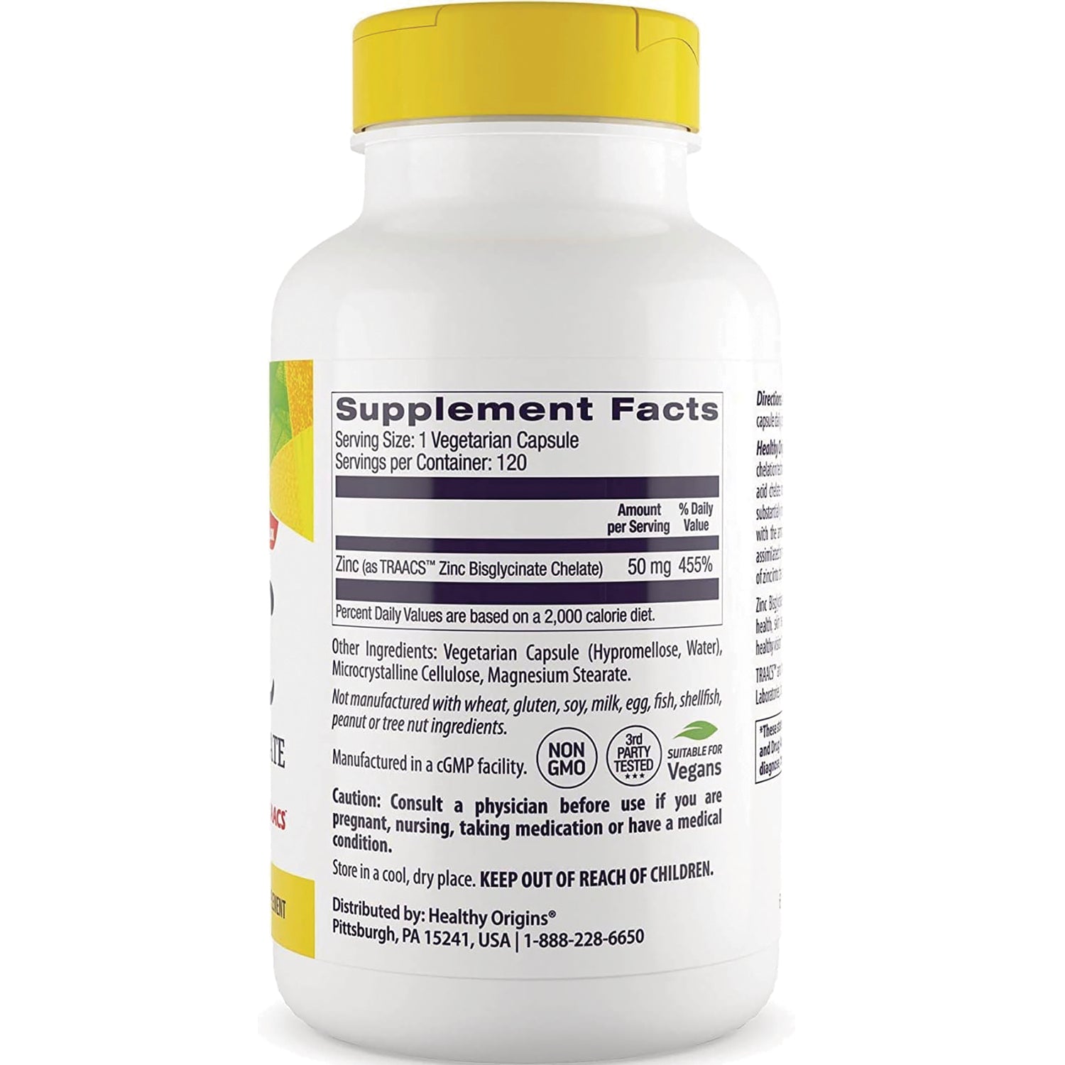 HRG192 | Back label showing Supplement Facts, serving size, zinc 50 mg, ingredients and warnings