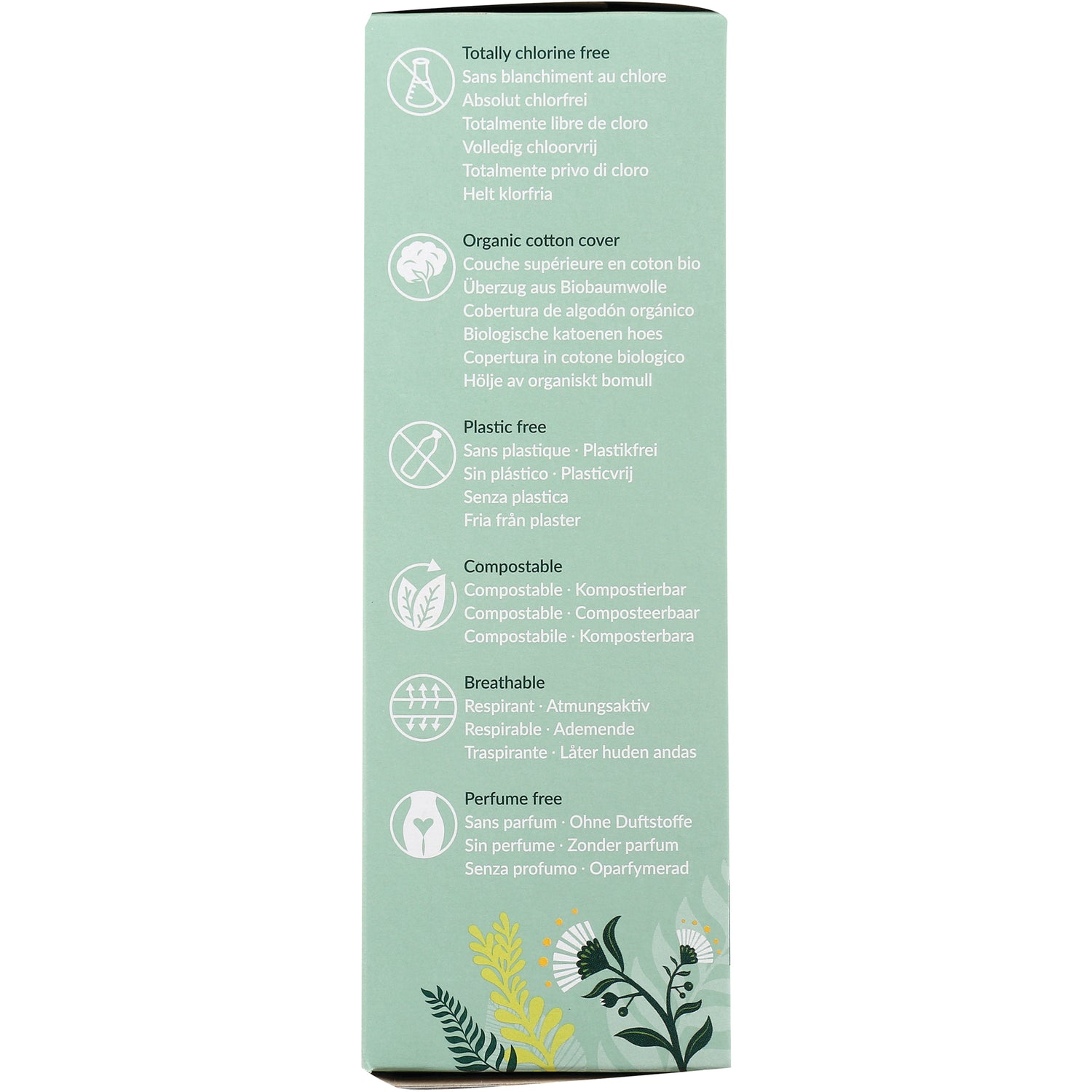 NCR011 | Back panel listing features: totally chlorine free, organic cotton cover, plastic free, compostable, breathable, perfume free