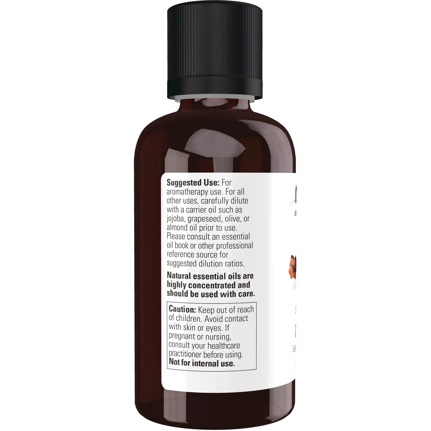 NWF235 | Back of amber essential oil bottle showing label with suggested use and caution text