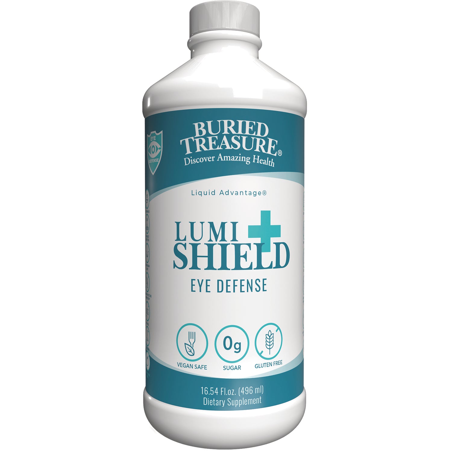 BTR045 | White bottle labeled BURIED TREASURE LUMI SHIELD Eye Defense liquid supplement 16.54 fl oz
