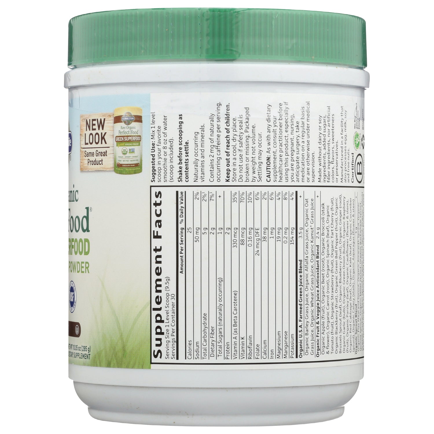 GLF141 | back label showing supplement facts panel and ingredient text on a white container with green lid