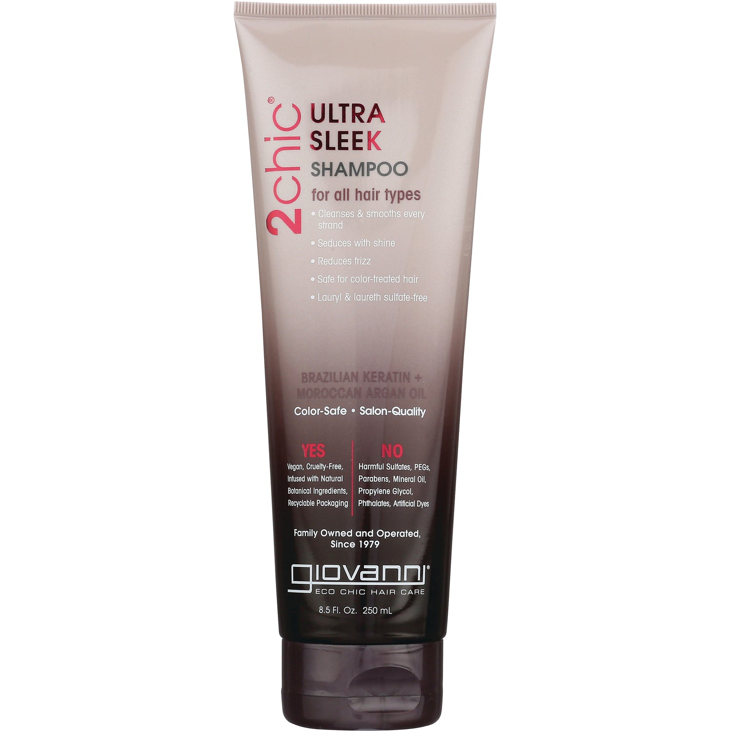 GV053 | Giovanni 2chic Ultra Sleek shampoo tube front view with brown ombre packaging, 8.5 fl oz