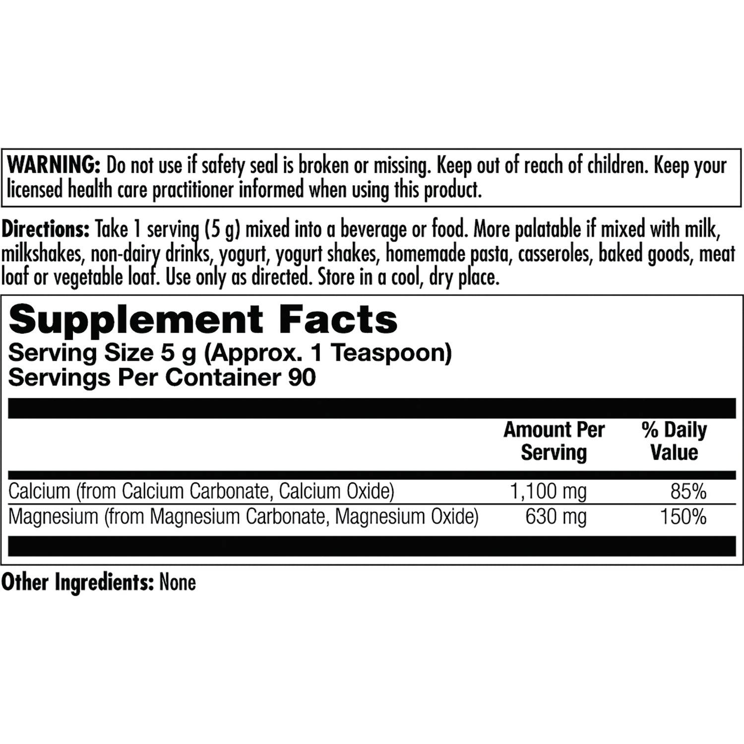 KL457 | back label with Supplement Facts, serving size 5 g, calcium 1,100 mg (85%) and magnesium 630 mg (150%)