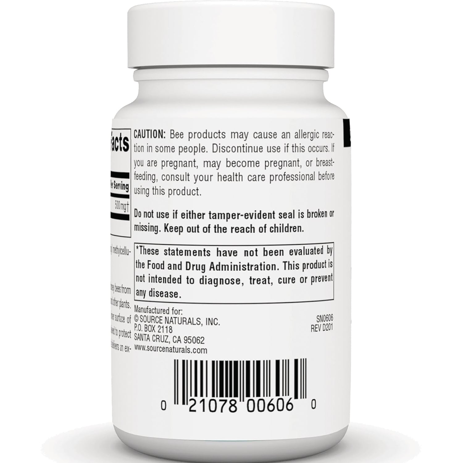 SN360 | Supplement bottle back label with caution text, FDA disclaimer, and barcode