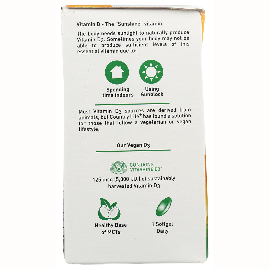CRL592 | product infographic for Vitamin D3 with icons for indoor time and sunblock; contains VITASHINE D3 125 mcg (5,000 IU); 1 softgel daily - Thumbnail