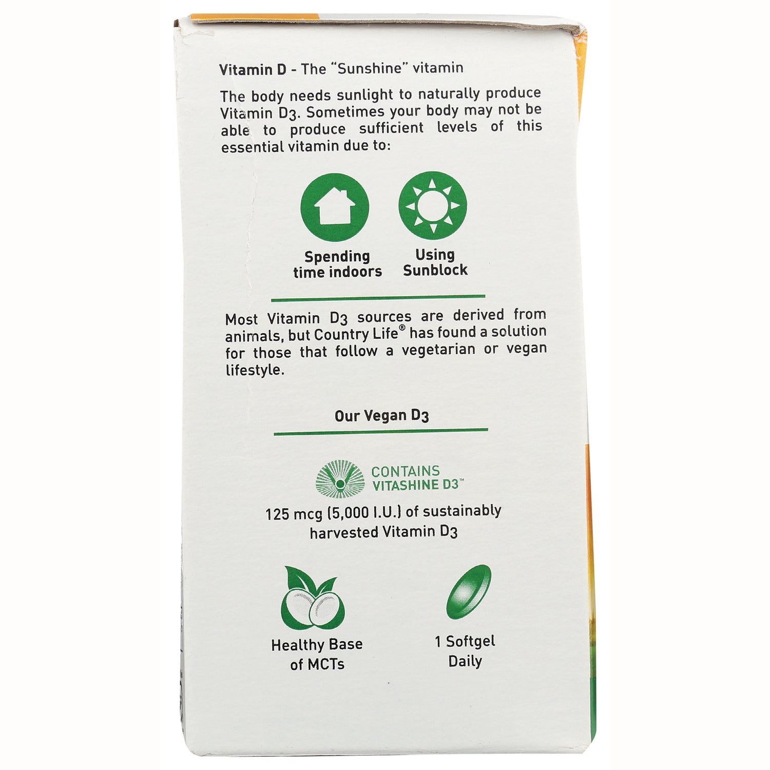 CRL592 | product infographic for Vitamin D3 with icons for indoor time and sunblock; contains VITASHINE D3 125 mcg (5,000 IU); 1 softgel daily