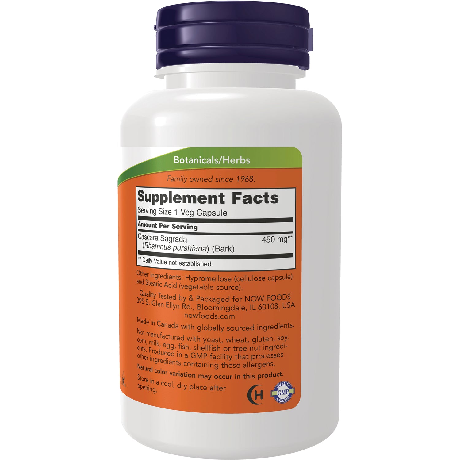 NWF533 | Back label showing Supplement Facts panel and ingredients listing cascara sagrada 450 mg on white supplement bottle